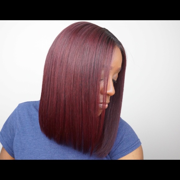 Ombré Burgundy + Black Straight Lace Front Bob Wig - Picture 5 of 8